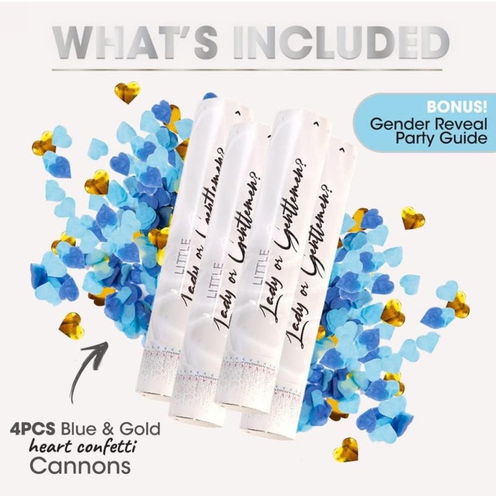Gender Reveal Confetti Cannon - 4 Pack - Heart Shaped Blue
